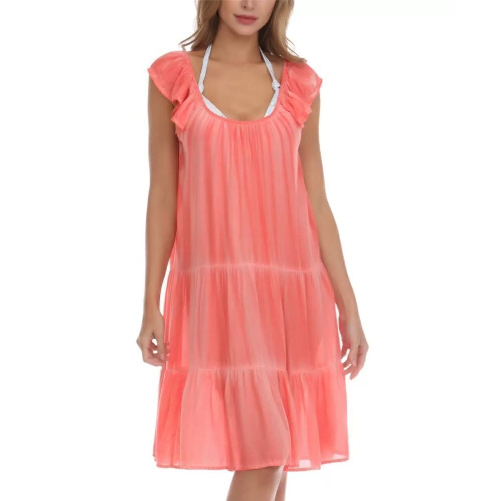 Raviya Womens XL Off the Shoulder Tie-Dye Tiered Dress Swim Cover-Up Coral $54